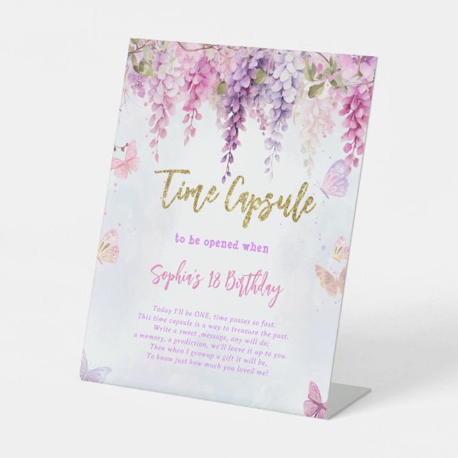Wisteria Glitter Butterfly Birthday Time Capsule Pedestal Sign (Front)
