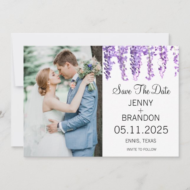 Wisteria Lavender Purple Floral Photo Elegant  Save The Date (Front)