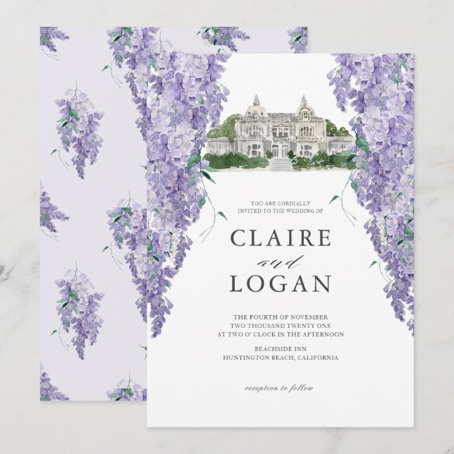 Wisteria Mansion Dusty Purple Watercolor Wedding  Invitation (Front/Back)