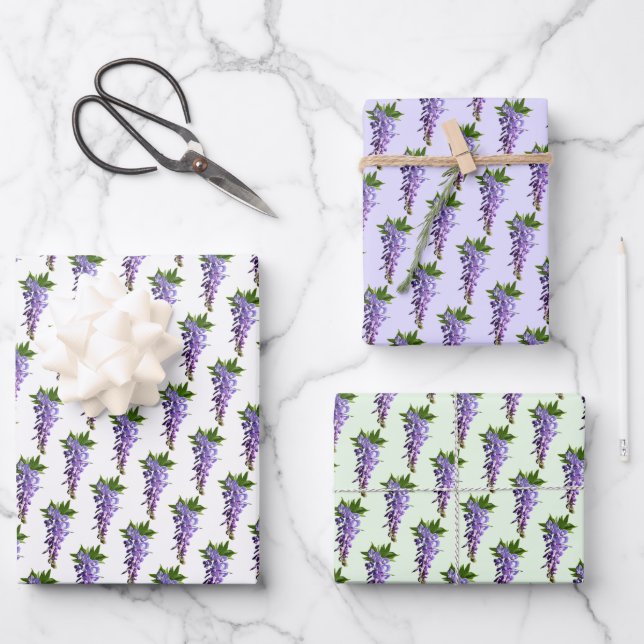 Wisteria Patterns Purple Green White Background Wrapping Paper Sheet (Front)