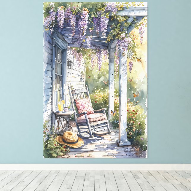 Wisteria Porch Rocking Chair Scene Canvas Print (Insitu(Wood Floor))