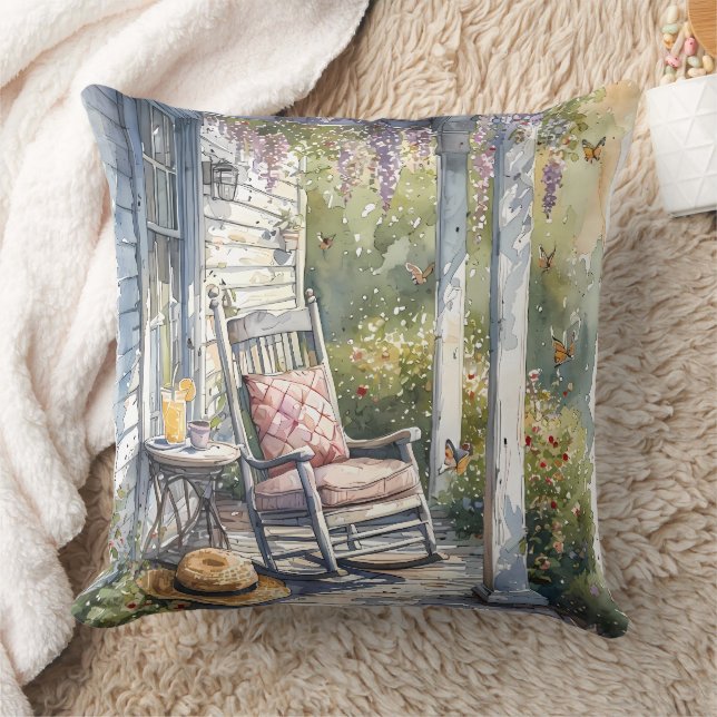 Wisteria Porch Rocking Chair Scene Throw Pillow (Blanket)