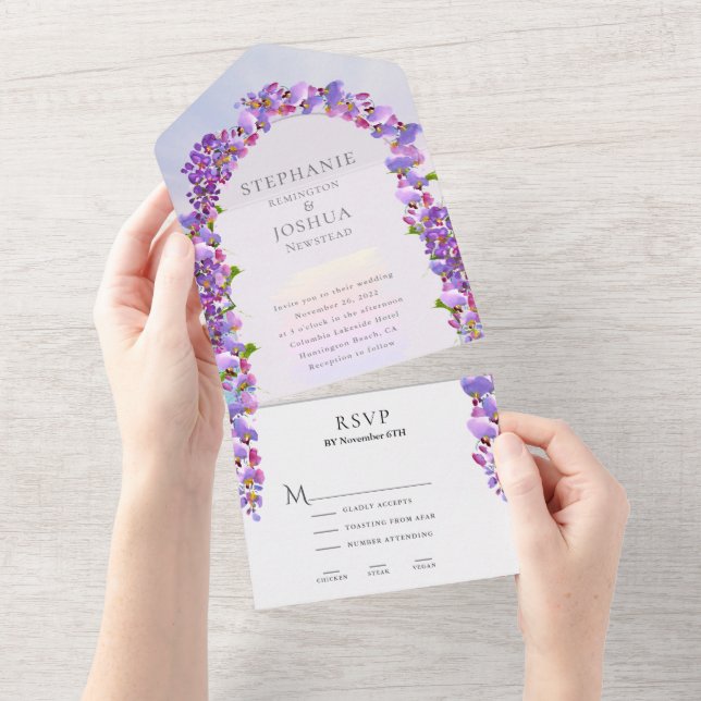 Wisteria Purple Arch  Wedding RSVP Menu Options All In One Invitation (Tearaway)