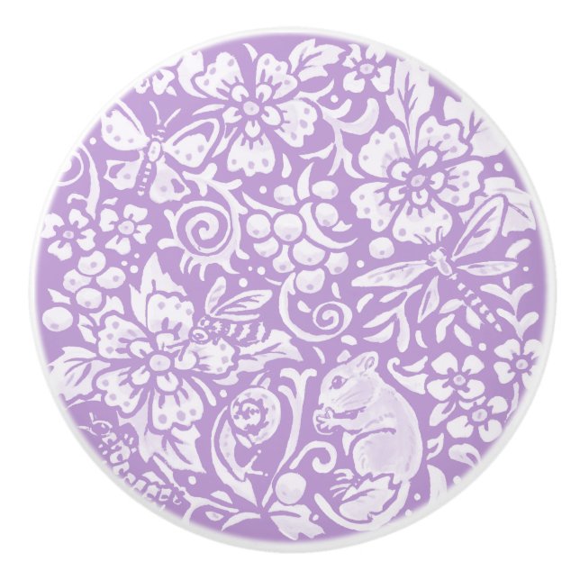 Wisteria Purple Mouse Insects Forest Woodland Ceramic Knob (Front)