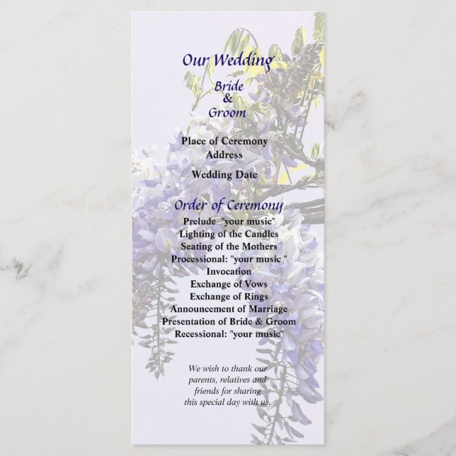 Wisteria Starting to Open Wedding Program (Front)