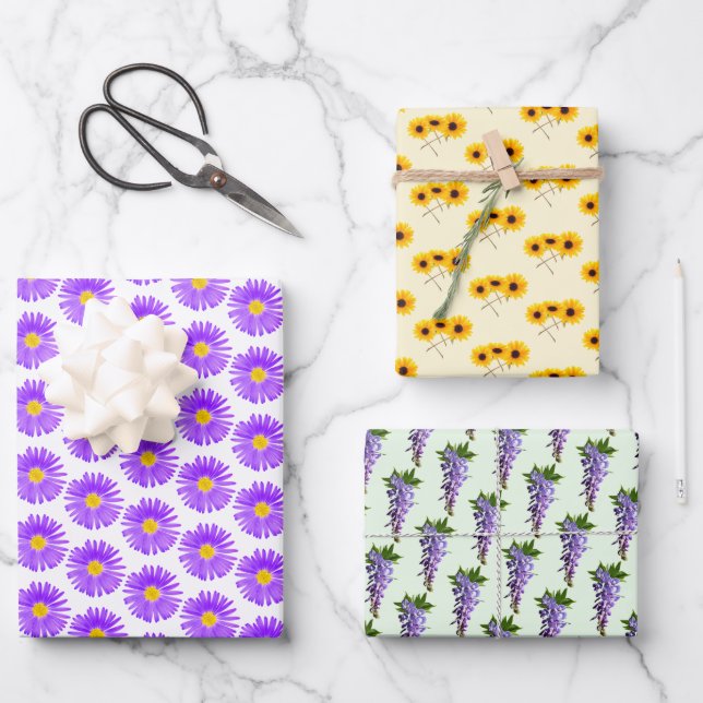 Wisteria, Sunflower, Purple Wildflower Pattern  Wrapping Paper Sheet (Front)