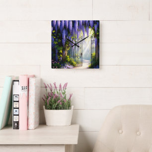 Wisteria vine on nostalgic, victorian garden gate  square wall clock
