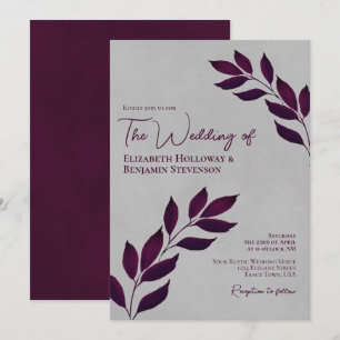Wistful Cassis Purple Leaves Elegant Gray Wedding Invitation