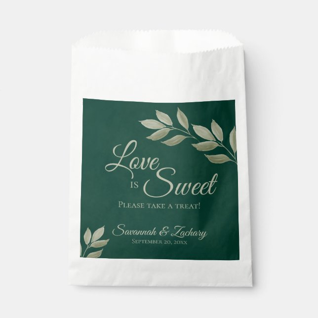 Wistful Emerald & Sage Green Leaves Wedding Favour Bag (Front)