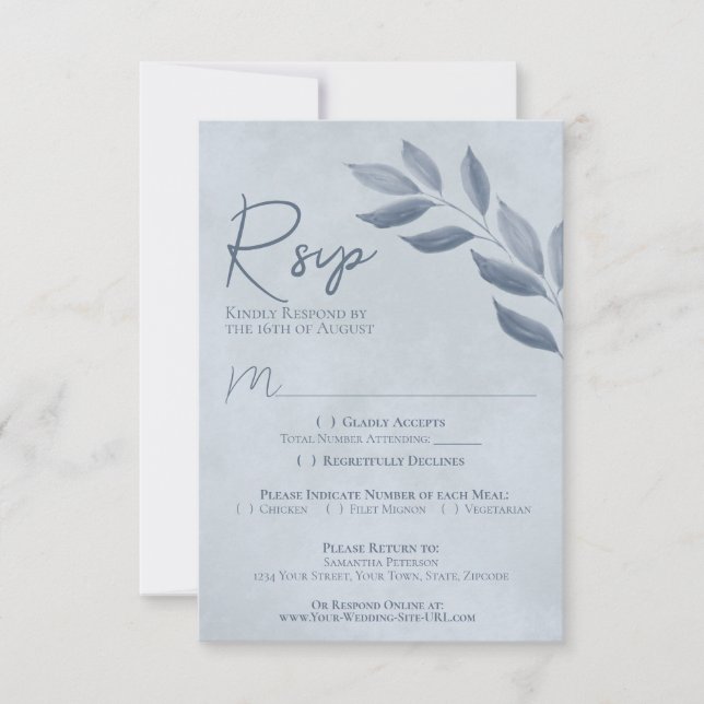 Wistful Leaves Dusty Blue Watercolor Wedding RSVP Card (Front)