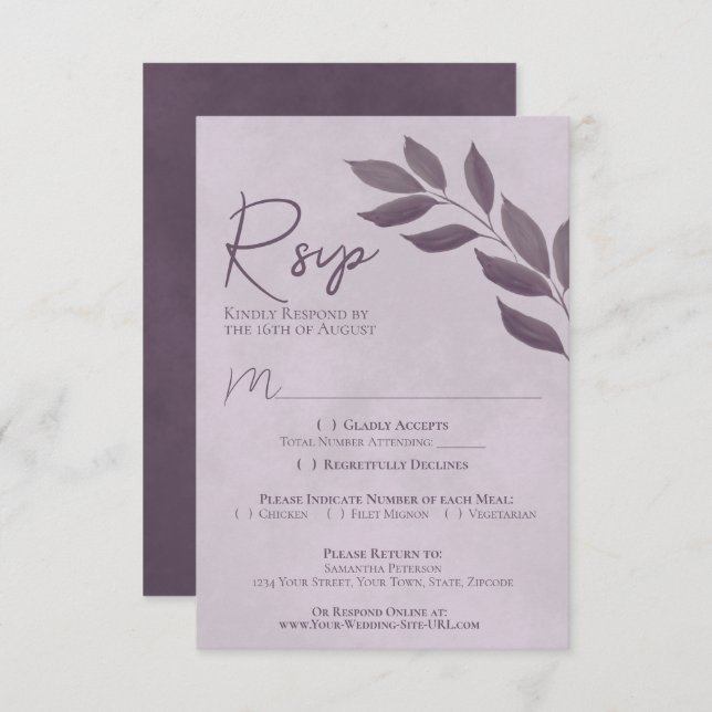 Wistful Leaves Dusty Purple Modern Chic Wedding RSVP Card (Front/Back)