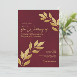 Wistful Leaves Elegant Burgundy & Gold Wedding Invitation
