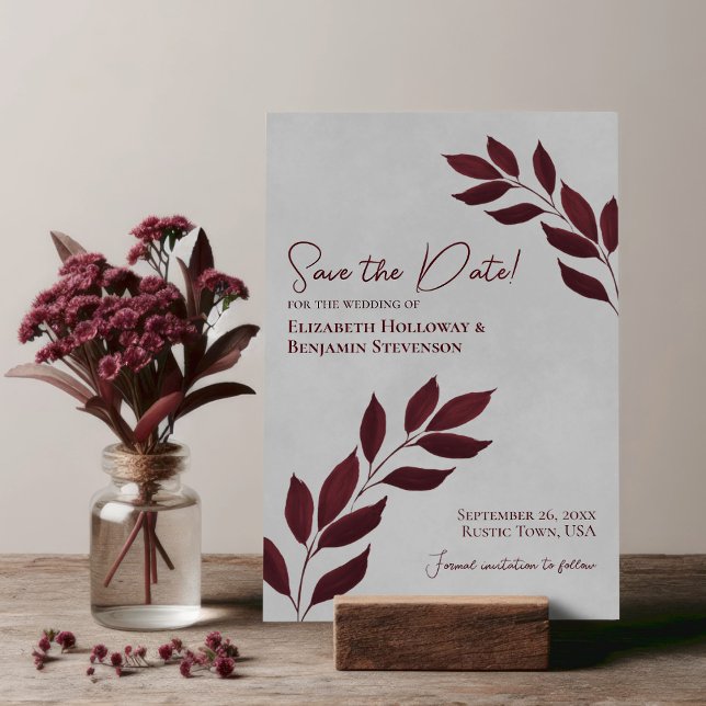 Wistful Leaves Elegant Burgundy on Grey Wedding Save The Date (Creator Uploaded)