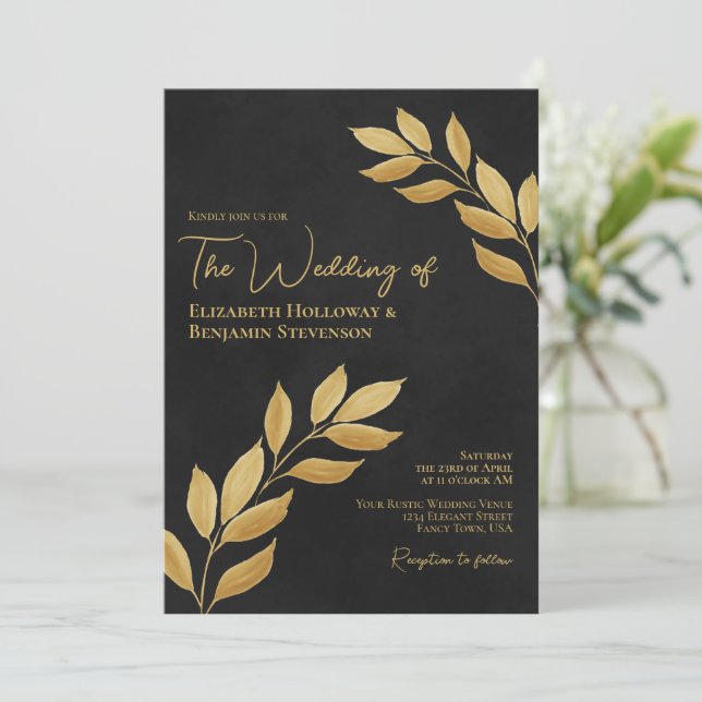 Wistful Leaves Elegant Chic Black & Gold Wedding Invitation (Standing Front)