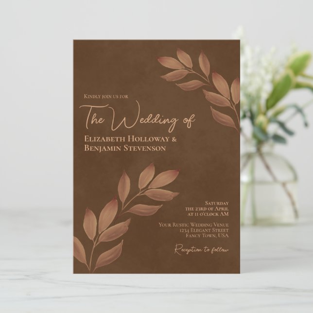 Wistful Leaves Elegant Chic Chestnut Brown Wedding Invitation (Standing Front)