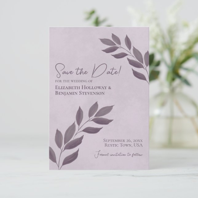 Wistful Leaves Elegant Dusty Purple Wedding Save The Date (Standing Front)