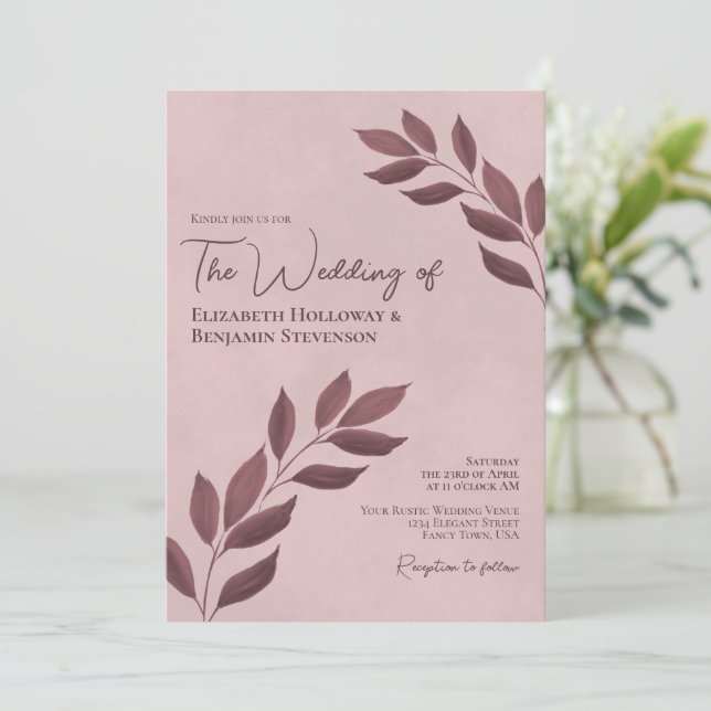 Wistful Leaves Elegant Modern Dusty Rose Wedding Invitation (Standing Front)