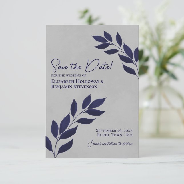 Wistful Leaves Elegant Navy Blue on Grey Wedding Save The Date (Standing Front)