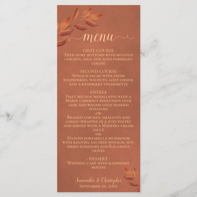 Wistful Leaves Rustic Terracotta Wedding Menu (Front)