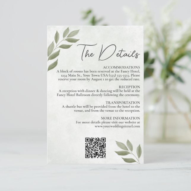 Wistful Leaves Sage Green Wedding Details QR Code Enclosure Card (Standing Front)