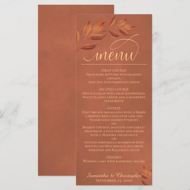 Wistful Terracotta Leaves Modern Script Wedding Menu (Front/Back)
