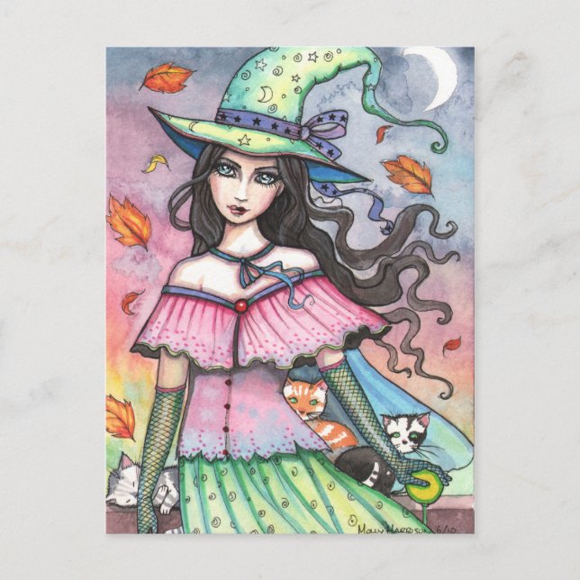 Witch and 3 Cats Postcard by Molly Harrison (Front)