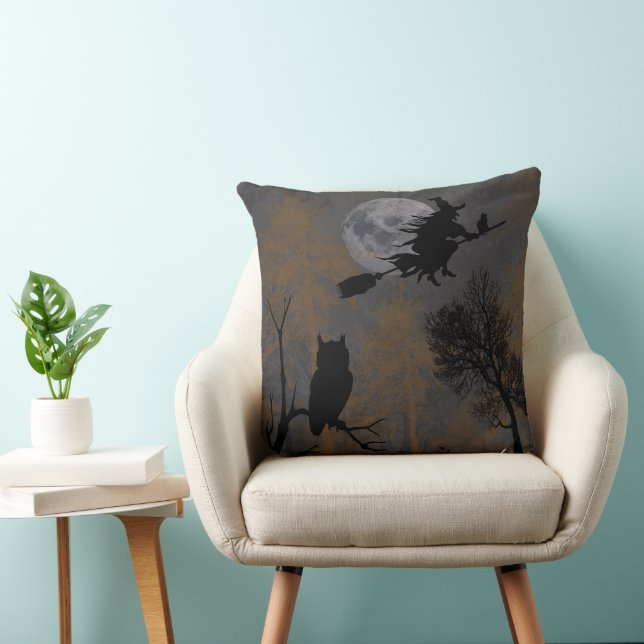 Witch and a Cat Flying on a Broom Throw Pillow (Chair)