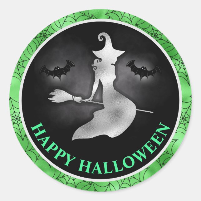Witch and Bats Green & Black Happy Halloween Classic Round Sticker (Front)
