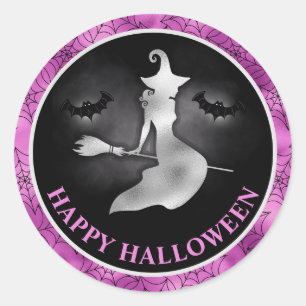 Witch and Bats Purple & Black Happy Halloween Classic Round Sticker