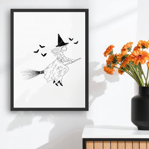 Witch And Bats Simple Line Art Minimal Halloween Poster