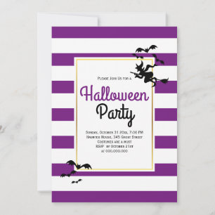 Witch and bats stripes purple Halloween party Invitation