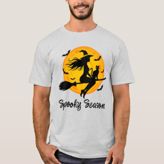 Witch and Black Cat Flying Across Full Moon T-Shirt