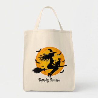 Witch and Black Cat Flying Across Full Moon Tote Bag