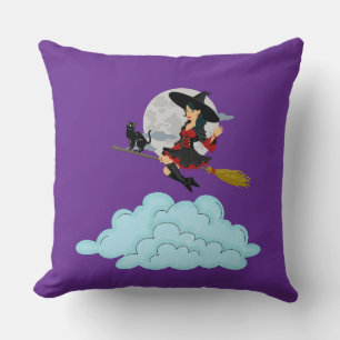 Witch and black cat flying on broom throw pillow