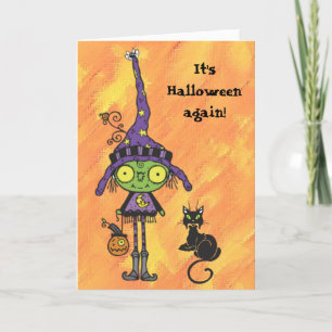 Witch and Black Cat Halloween Card