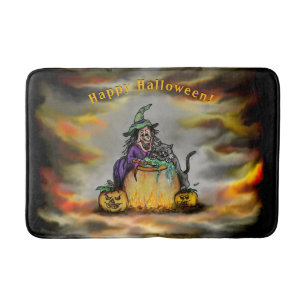 Witch and black Cat, Happy Halloween! Bath Mat