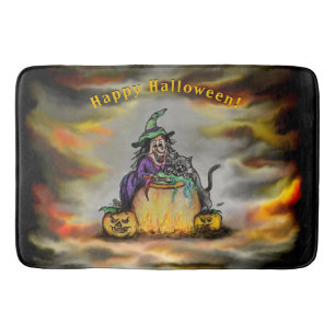 Witch and black Cat, Happy Halloween! Bath Mat