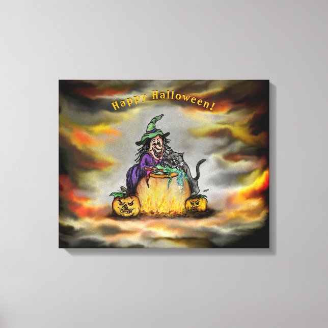 Witch and black Cat, Happy Halloween! Canvas Print (Front)