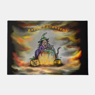 Witch and black Cat, Happy Halloween! Doormat