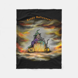 Witch and black Cat, Happy Halloween! Fleece Blanket