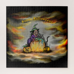 Witch and black Cat, Happy Halloween! Jigsaw Puzzle
