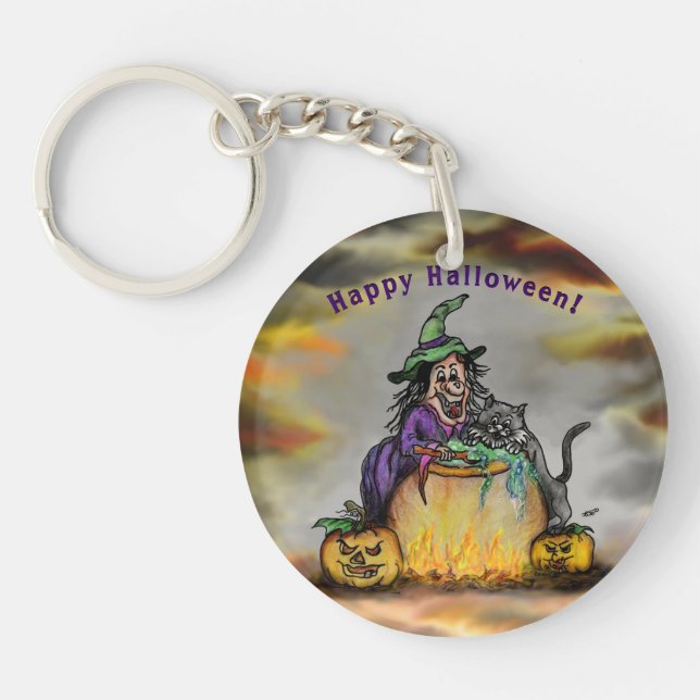 Witch and black Cat, Happy Halloween! Keychain (Front)