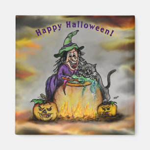 Witch and black Cat, Happy Halloween! Magnet