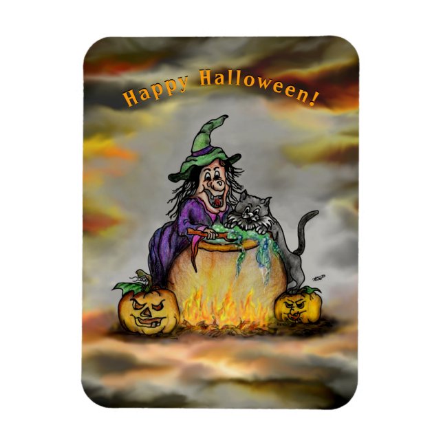 Witch and black Cat, Happy Halloween! Magnet (Vertical)