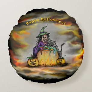 Witch and black Cat, Happy Halloween! Round Pillow