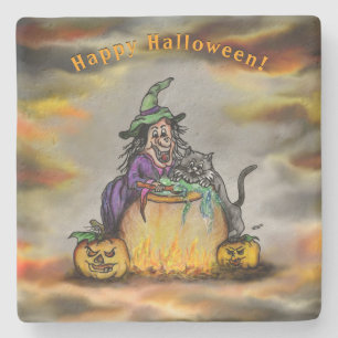 Witch and black Cat, Happy Halloween! Stone Coaster