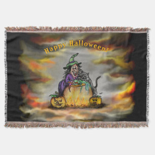 Witch and black Cat, Happy Halloween! Throw Blanket