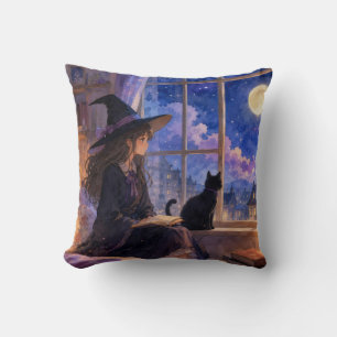 Witch and Black Cat Moonlight Reading Throw Pillow