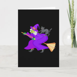 Witch and black cat on broom card