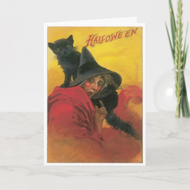Witch And Black Cat Vintage Card (Front)